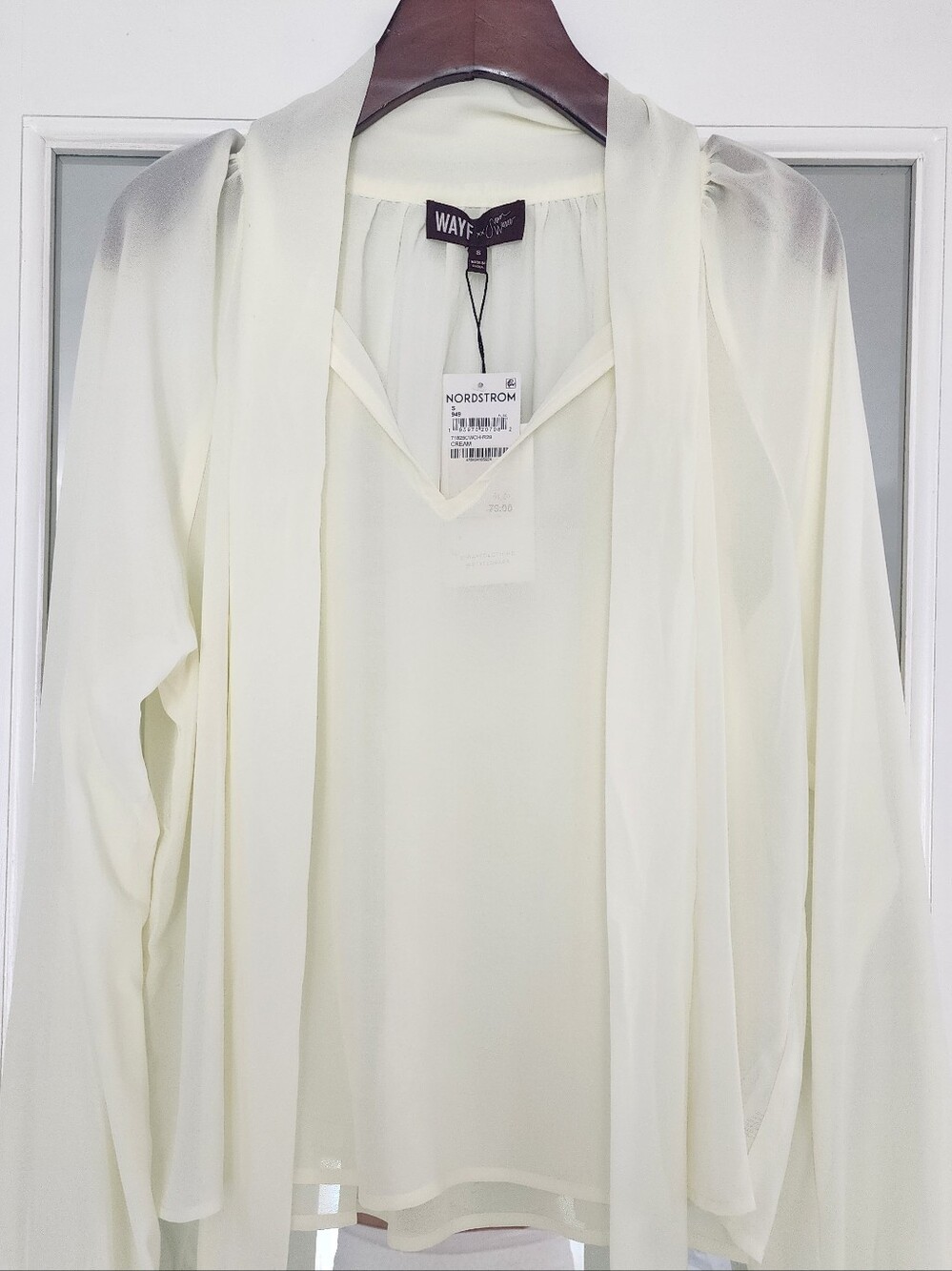 Wayf Cream Sheer V-Neck Blouse with Draped Front Panels